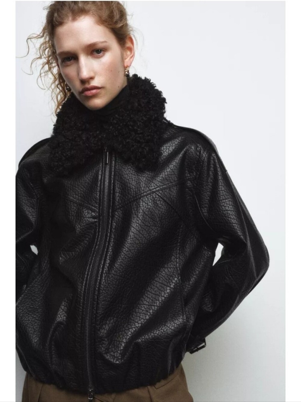 Zara Zw Collec Black Faux Leather Bomber Jacket with Removable Shearling Collar